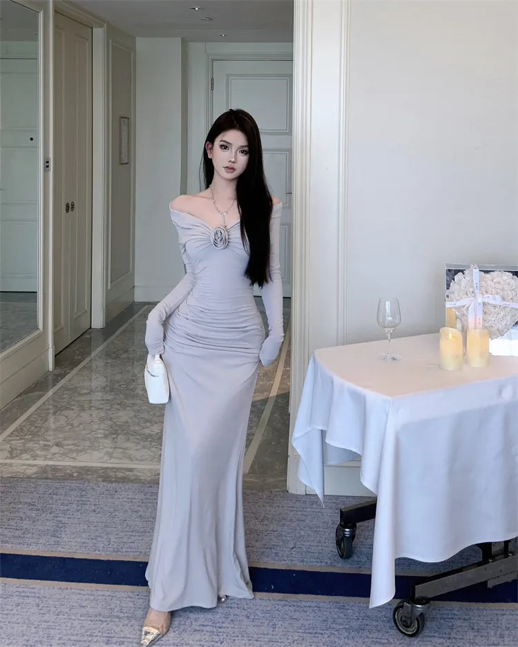 Lizakosht Sexy Women Off Shoulder Evening Party Dress  Elegant Long Sleeve Bodycon Lady Solid Maxi Dresses French Floral Vestidos Robe