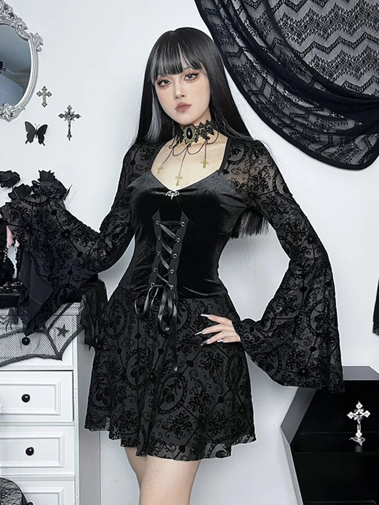 Lizakosht Harajuku Women's Vintage Gothic Long Sleeve Ruffle Mini Dress V Neck Velvet Stretchy Bodycon Cocktail Dresses Victorian Blouse - Image 13