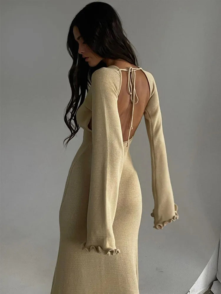 Lizakosht Sexy Backless Lace Up Ruffle Women's Knitted Maxi Dress Elegant O-neck Long Flared Sleeve A-line Dresses Summer Lady Party Robe - Image 5