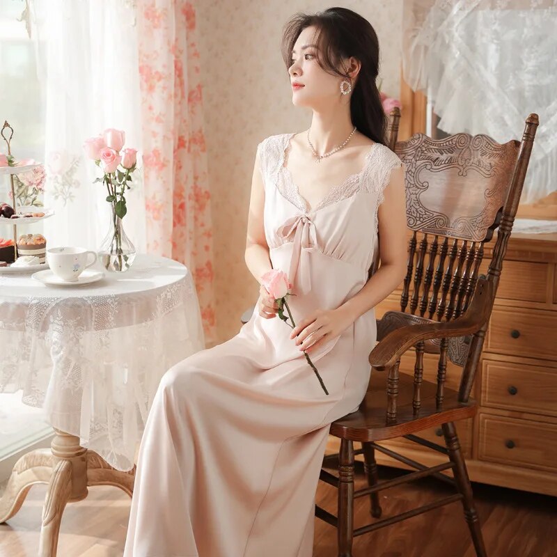Lizakosht V-Neck Sexy Sleeveless Long Nightdress for Women Bow Cute Nightgown Lace Sleepwear Ice Silk Loose Sleepdress Comfort Home Pijama - Image 12