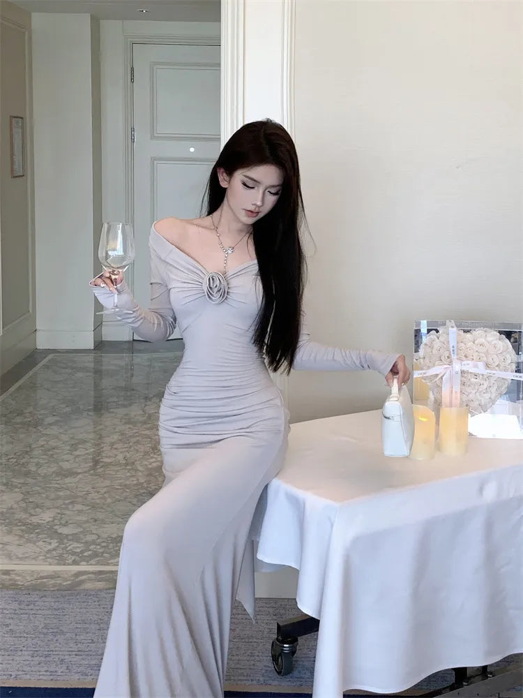 Lizakosht Sexy Women Off Shoulder Evening Party Dress  Elegant Long Sleeve Bodycon Lady Solid Maxi Dresses French Floral Vestidos Robe - Image 3