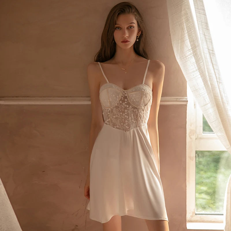 Lizakosht Women's Pajamas Lace Perspective Embroidered Pajamas Female Suspender Nightdress Women Pajamas Sexy Silk Nightgown Nighty Dress - Image 5