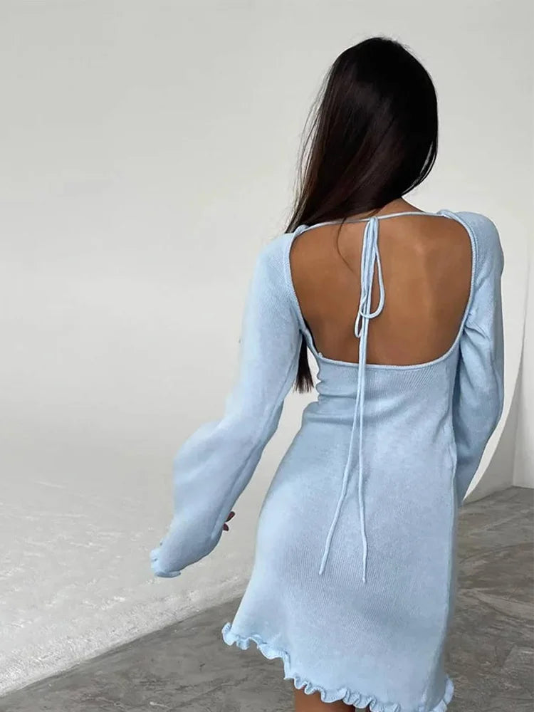 Lizakosht Women Ruffle Woolen Lace Up Mini Dress Sexy Backless O-neck Long Flared Sleeve A-line Dresses Summer Lady Party Fashion Vestidos - Image 10