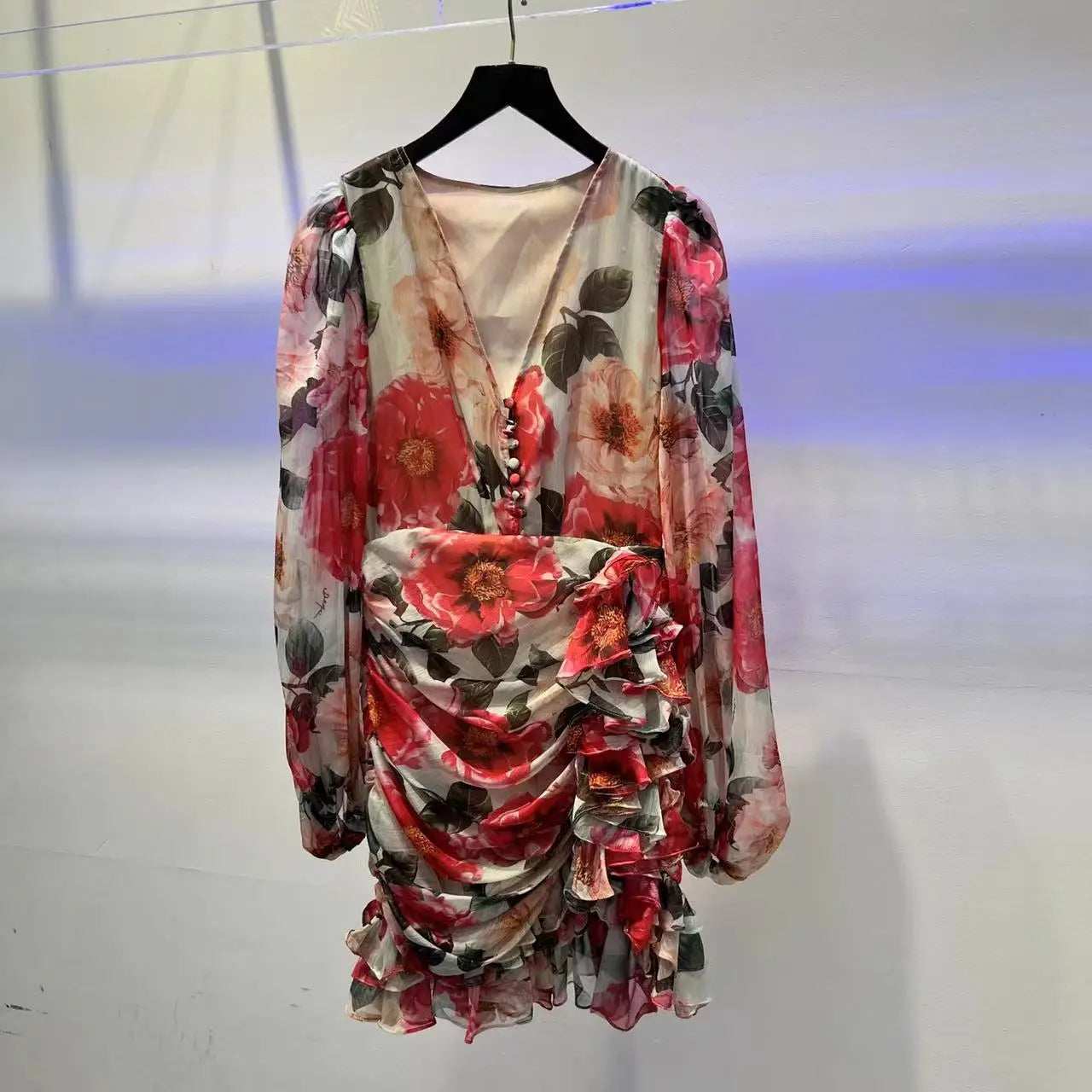 Lizakosht Spring and Autumn Dress Minority Chiffon V-neck Long Sleeve Fold Waist ruffled skirt Holiday Dress - Image 16
