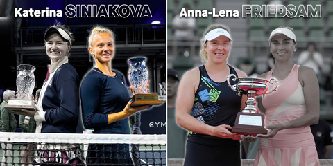 Katerina Siniakova and Barbora Krejcikova and Anna-Lena Friedsam and Nadiia Kichenok holding trophies