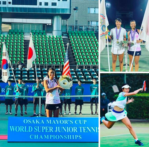 Sara Saito playing tennis in one photo and holding a trophy after winning the Osaka Mayor’s Cup.
