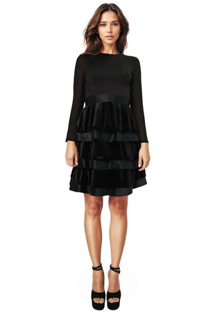 Long Sleeve Tiered Velvet Ruffle A-Line Cocktail - Rene Ruiz Collection