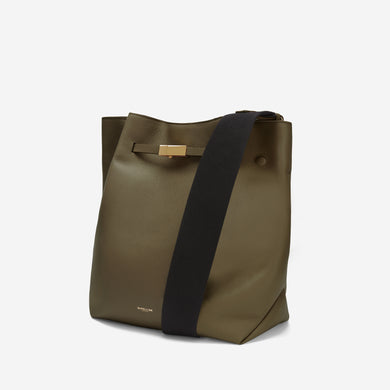 Demellier | The New York Large Bucket in Taupe Small Grain | Leather Shoulder Bag