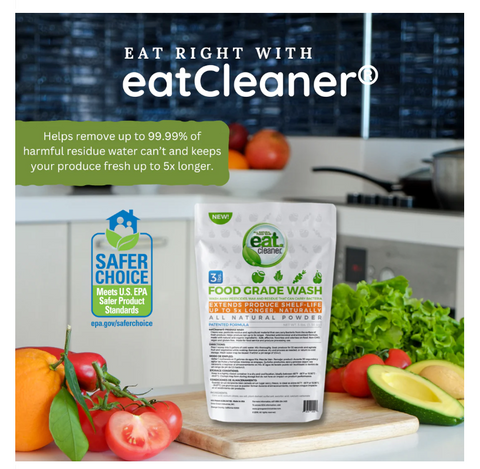 Eat Cleaner Fruit and Vegetable Wash Powder Washes up to 3000 LBS of  Produce with Each 3LB Bag. Stand-Up Pouch Includes One 2-OZ Scoop. Perfect  for