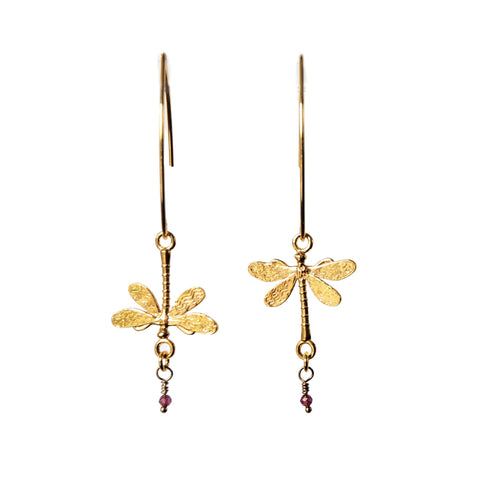 Handmade earrings with birthstone garnet and dragonflies