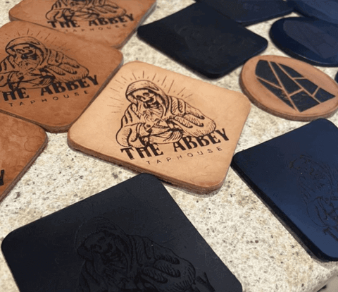 Leather Drink Coaster Set with Engraved Art 