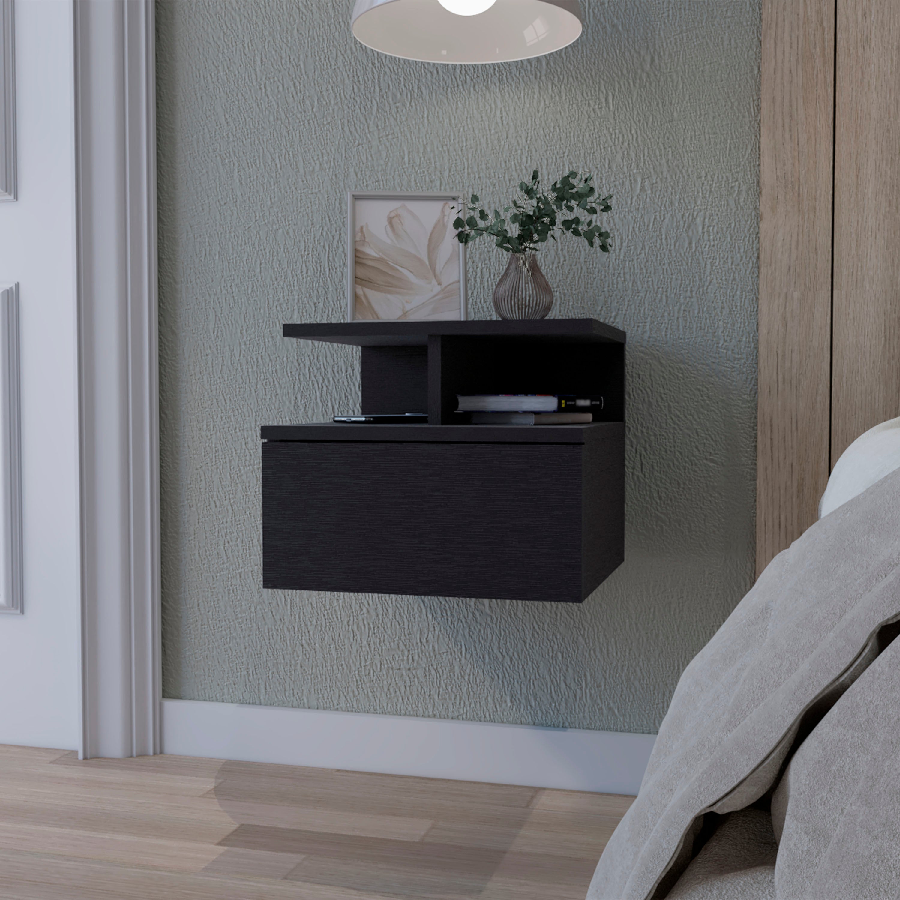 Augusta Floating Nightstand With 2 Tier Shelf And 1 Drawer Black 1 Drawer Bedroom Rectangle Modern Shelf Mdf Engineered Wood