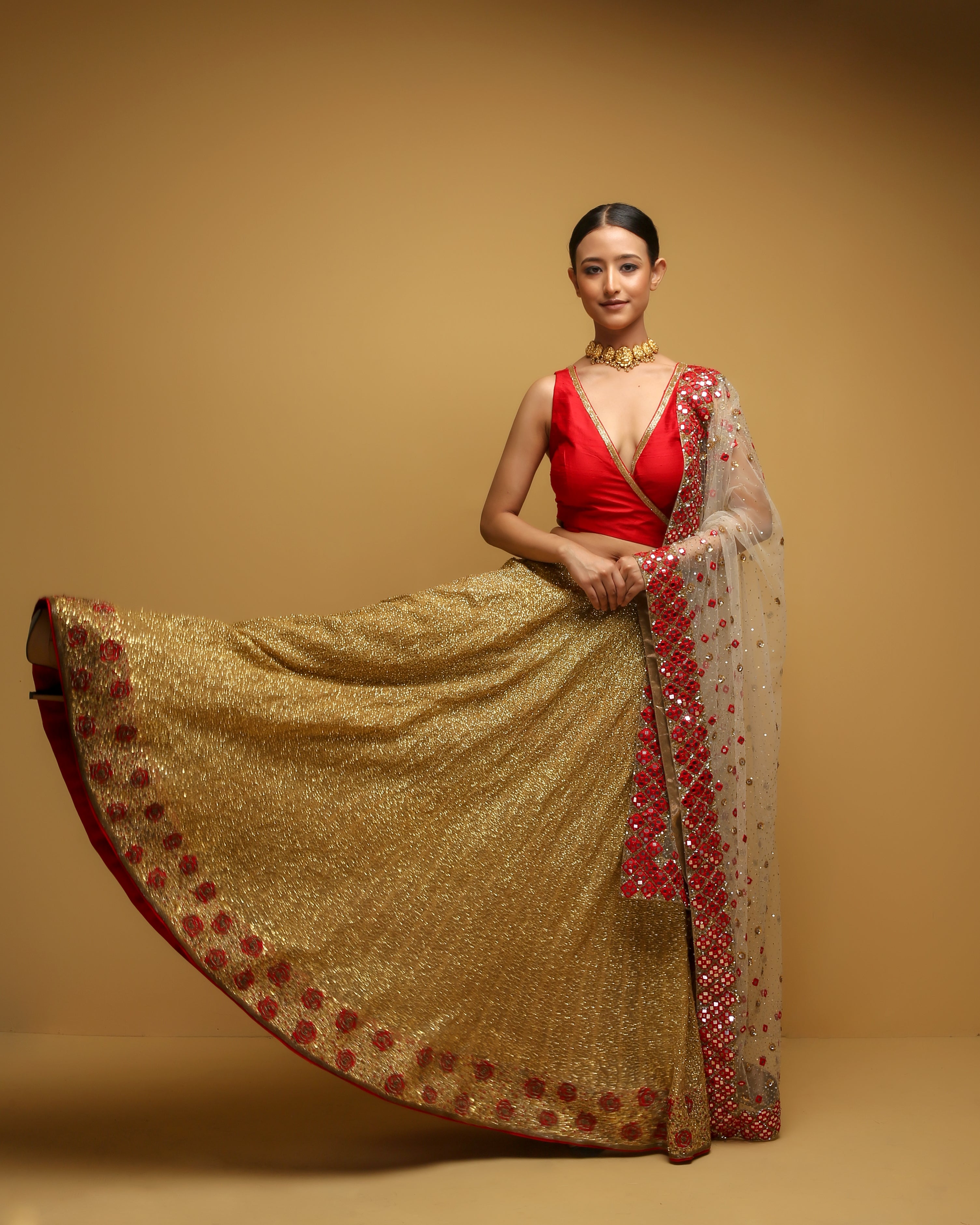 Buy Red Blouse And Lehenga Velvet Aanchal Golden Beads Bridal Set For Women  by Payal & Zinal Online at Aza Fashions.