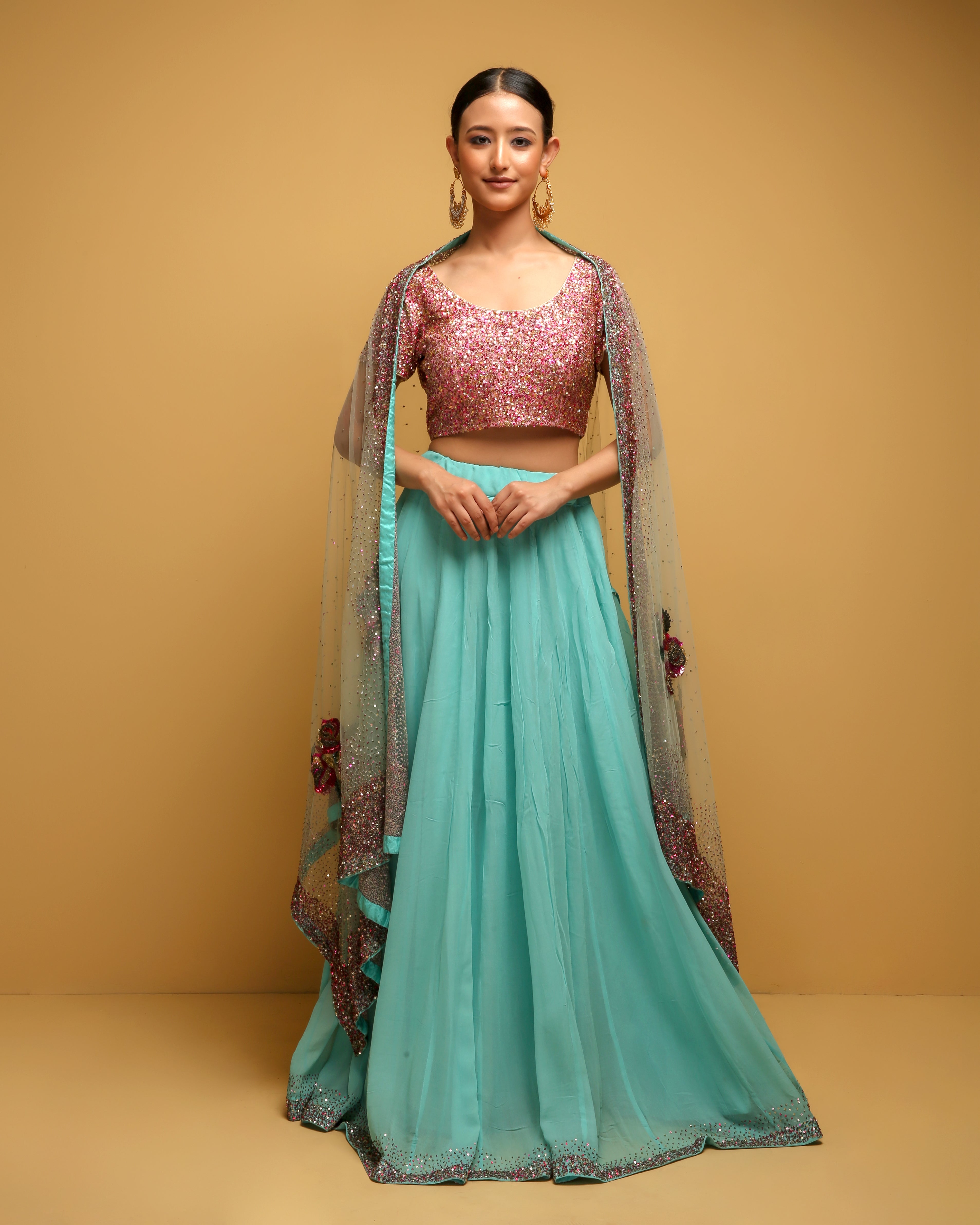 Buy Turquoise Embroidered Blue Lehenga with Blouse and Tricolor Dupatta by  SVA BY SONAM & PARAS MODI at Ogaan Online Shopping Site