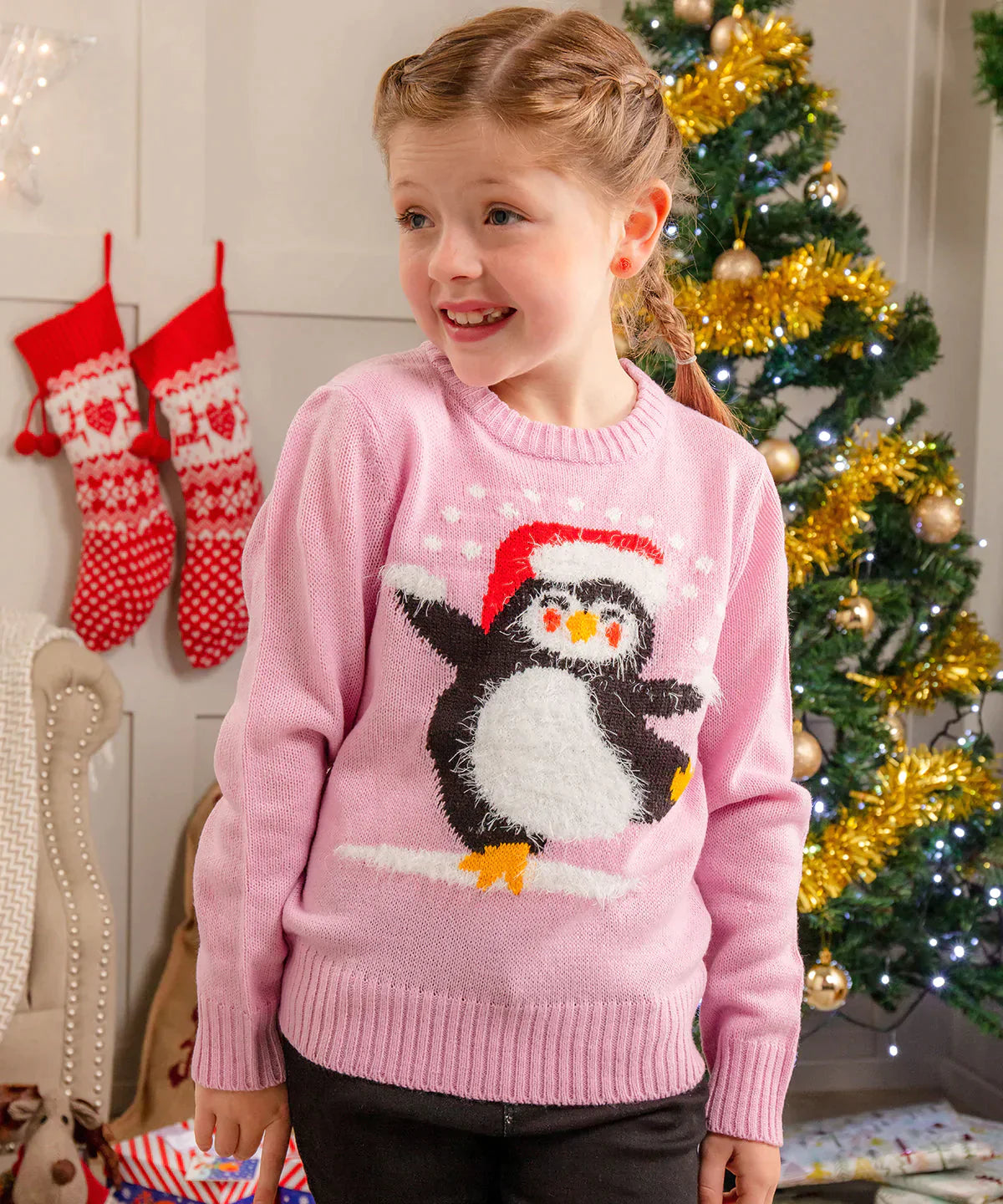 Kids Pink Penguin Knitted Christmas Jumper