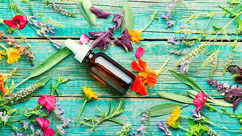 essential oil with raw flower and plant ingredients