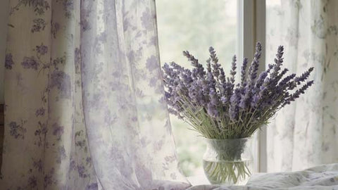 vase of lavender on a table next to a window with purple and white curtains