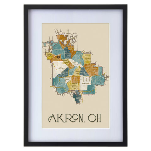 Map of Akron, Ohio, Color coded, Akron Neighborhoods, Giclée Print