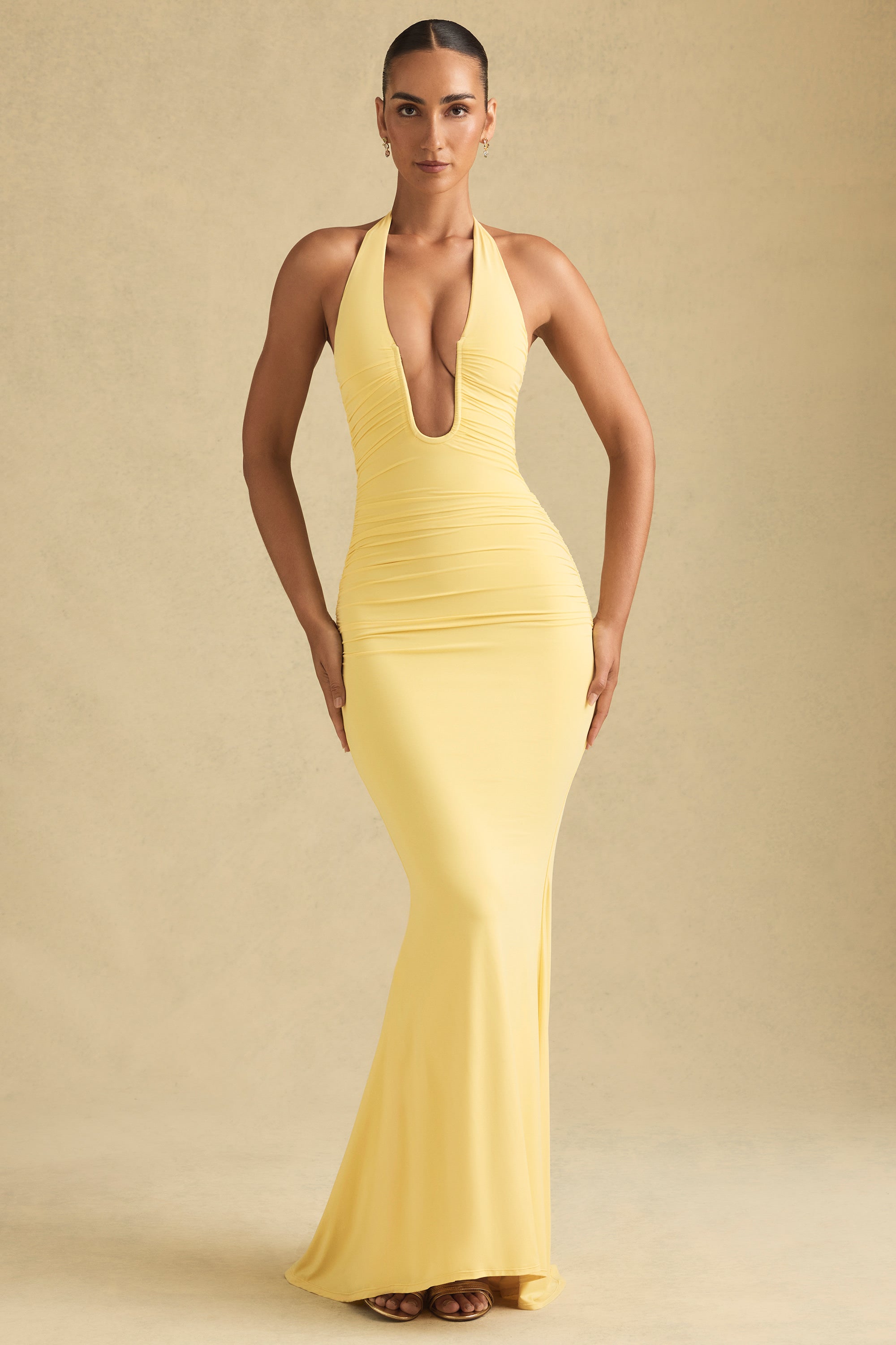 Collective Dress - Ruched Backless Halterneck Gown in Pastel Yellow image 5