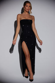 Belgravia Embellished Bandeau Thigh Split Maxi Dress in Black