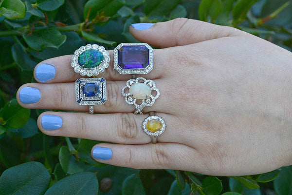 A couple of unique gemstone and diamond rings from our estate jewelry collection.