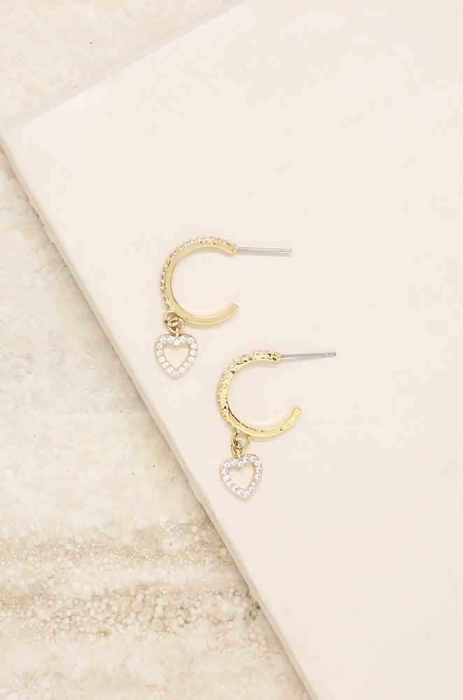 Small Crystal Heart Dangle Hoop 18k 