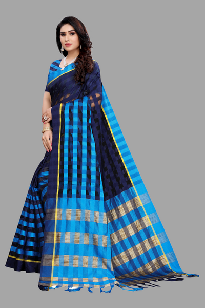 Designer Checked Blue Art Silk Saree For Women