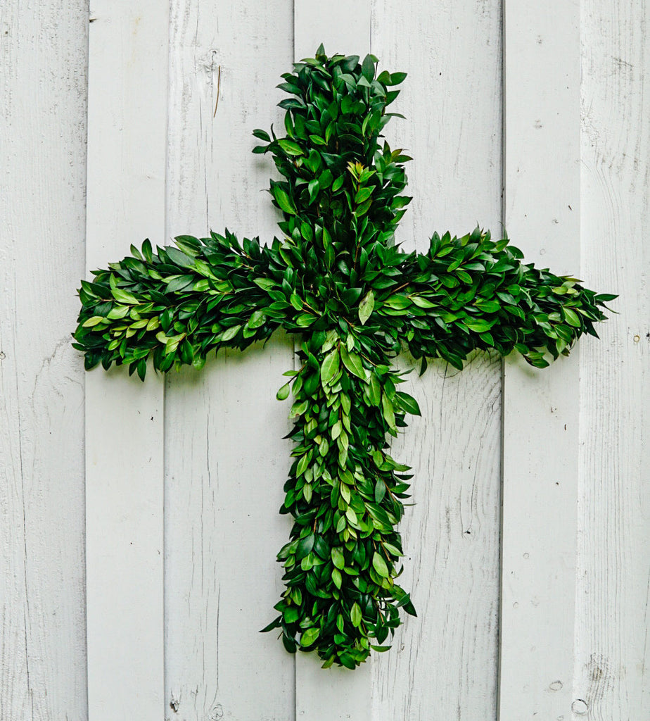 cross wreath made of myrtle leaves