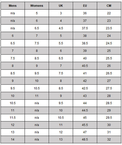 dc shoe size chart inches