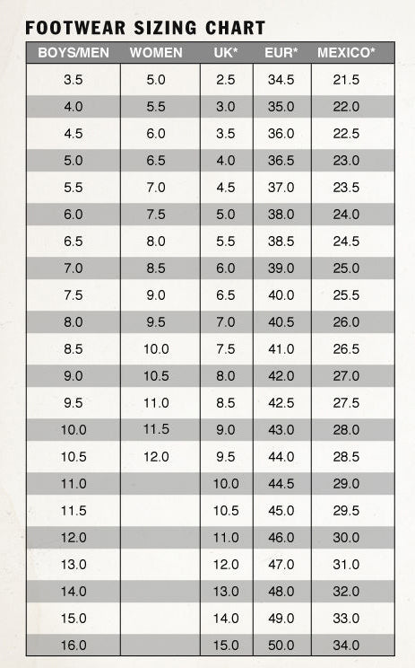 Vans shoes size chart