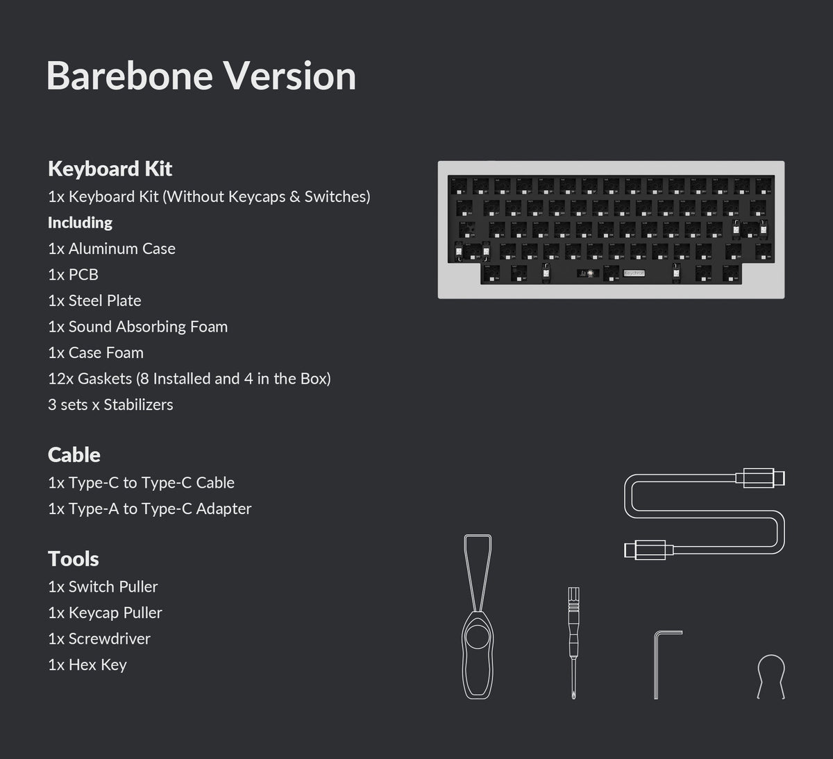 Barebone pack list of Keychron Q60 60% Layout Custom Mechanical Keyboard