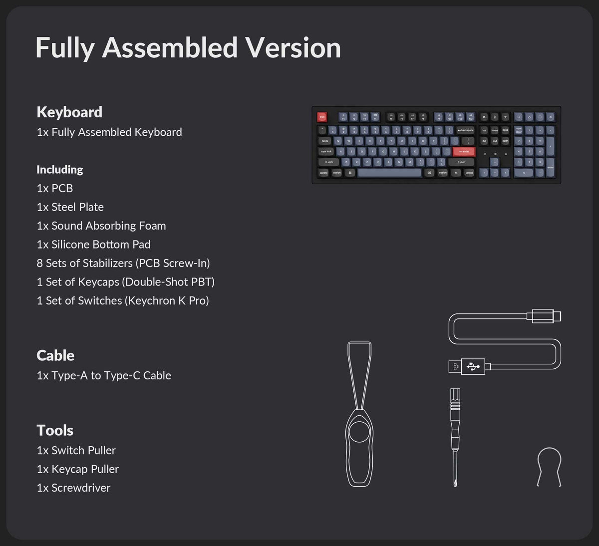 Pack List of Keychron K10 Pro Fully Assembled Custom Mechanical Keyboard