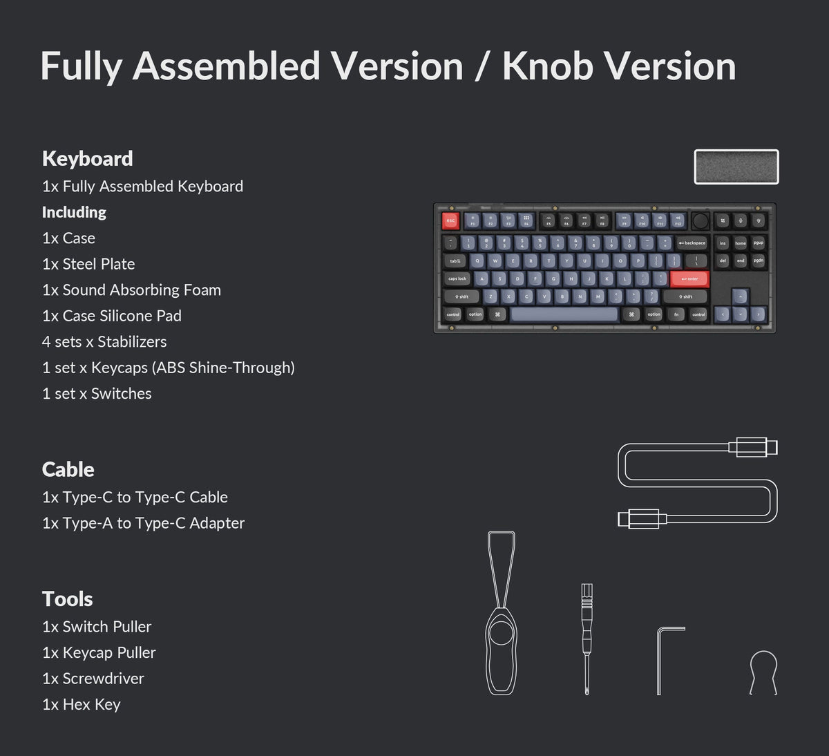 Package list of Keychron V3 QMK/VIA Custom Mechanical Keyboard ISO Layout