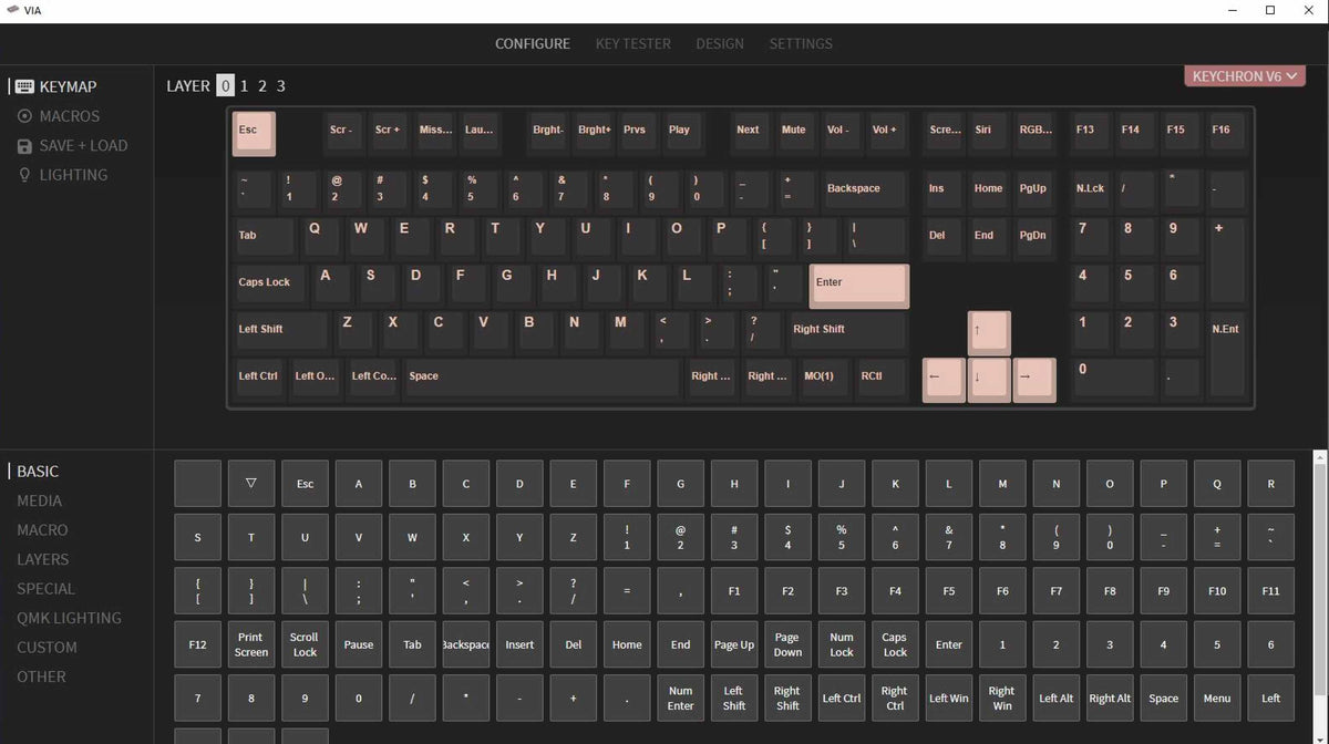 QMK VIA screen capture of Keychron V6 Custom Mechanical Keyboard