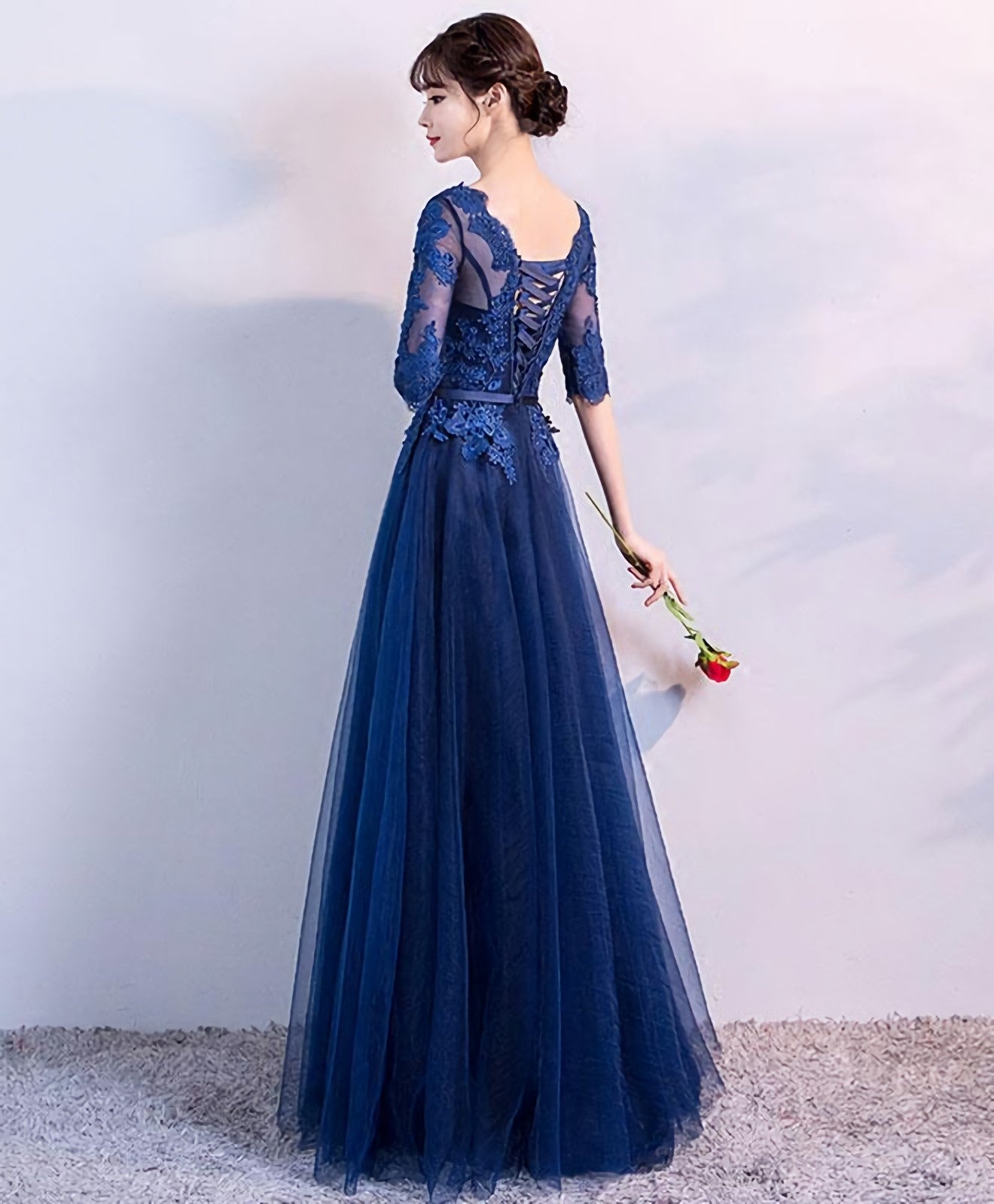Blue Tulle Lace Long Prom Dress, Lace Evening Dress