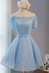 A-line Off-shoulder Short Light Blue Prom Dresses