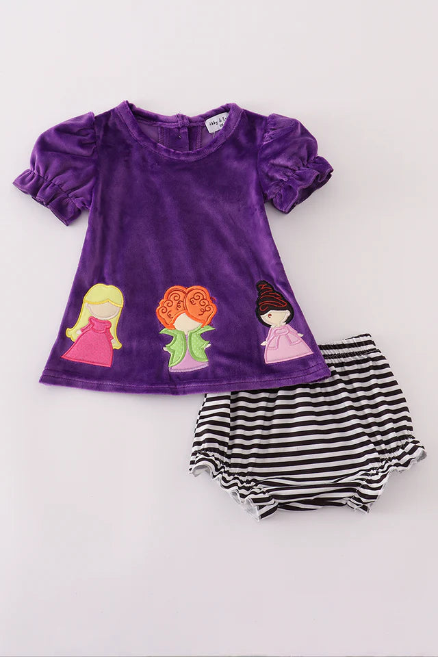 Abby & Evie Purple Halloween Witch Applique Velvet Bloomer Set 120773
