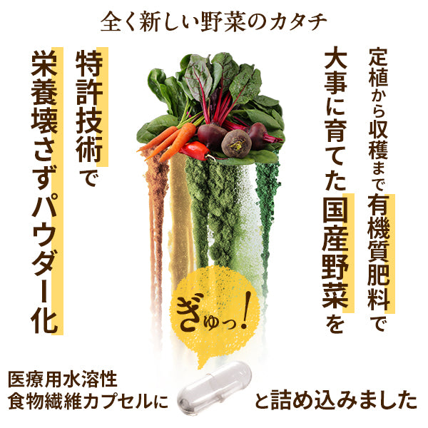 飲む粉野菜サプリは全く新しい野菜のカタチ。定植から収穫まで有機質肥料で大事に育てた国産野菜を特許技術で栄養壊さずパウダー化。医療用水溶性食物繊維カプセルにぎゅっと詰め込みました