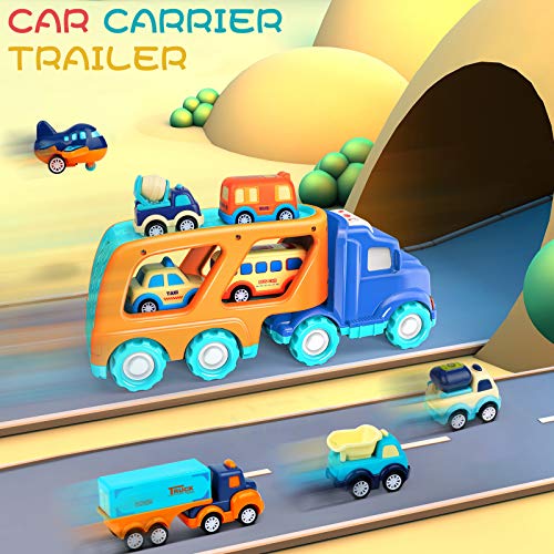 9 Pack Cars Toys for 2 3 4 5 Years Old Toddlers Boys and Girls Gift, Big Transport Truck with 8 Small Cute Pull Back Trucks, Colorful Assorted Vehicles Playset, Carrier Truck with Sound and Light
