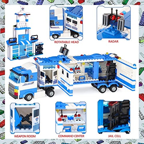 EXERCISE N PLAY City Police, 1039 Pieces City Police Station Building Set, 8 in 1 Mobile Command Center Building Toy with Cop Car, Helicopter, Boat, Best Learning Roleplay STEM Toy for Boys Girls 6-12