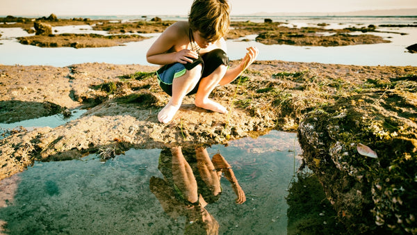 Kid playing by a tidal pool