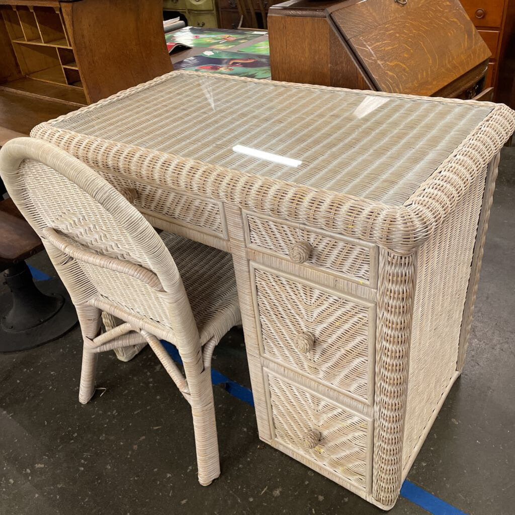 White Wicker Four Drawer Desk with Glass Insert and Wicker Desk Chair Set