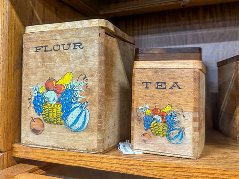 wooden dry goods storage containers with fruit image