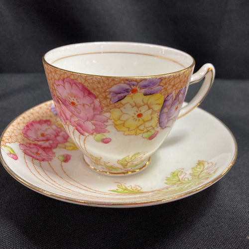 Kent Pottery Collection Rosa Gallica large Tea Cup Set pink rose blue  scallop