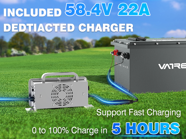 included 58.4V 22A dedicated charger that supports fast charging, allowing you to go from 0 to 100% charge in just 5 hours