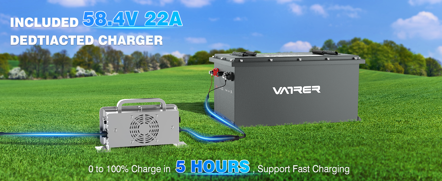 急速充電をサポートする58.4V 22A専用充電器が付属しており、わずか5時間で0%から100%まで充電できます。