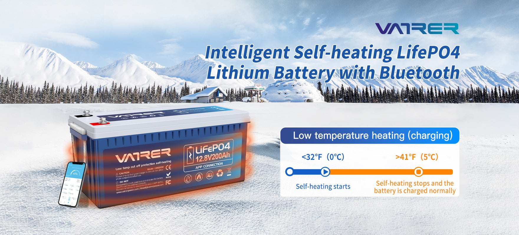 Vatrer 12V 200Ah Bluetooth LiFePO4 Lithium Battery with Self-Heating, - Vatrer