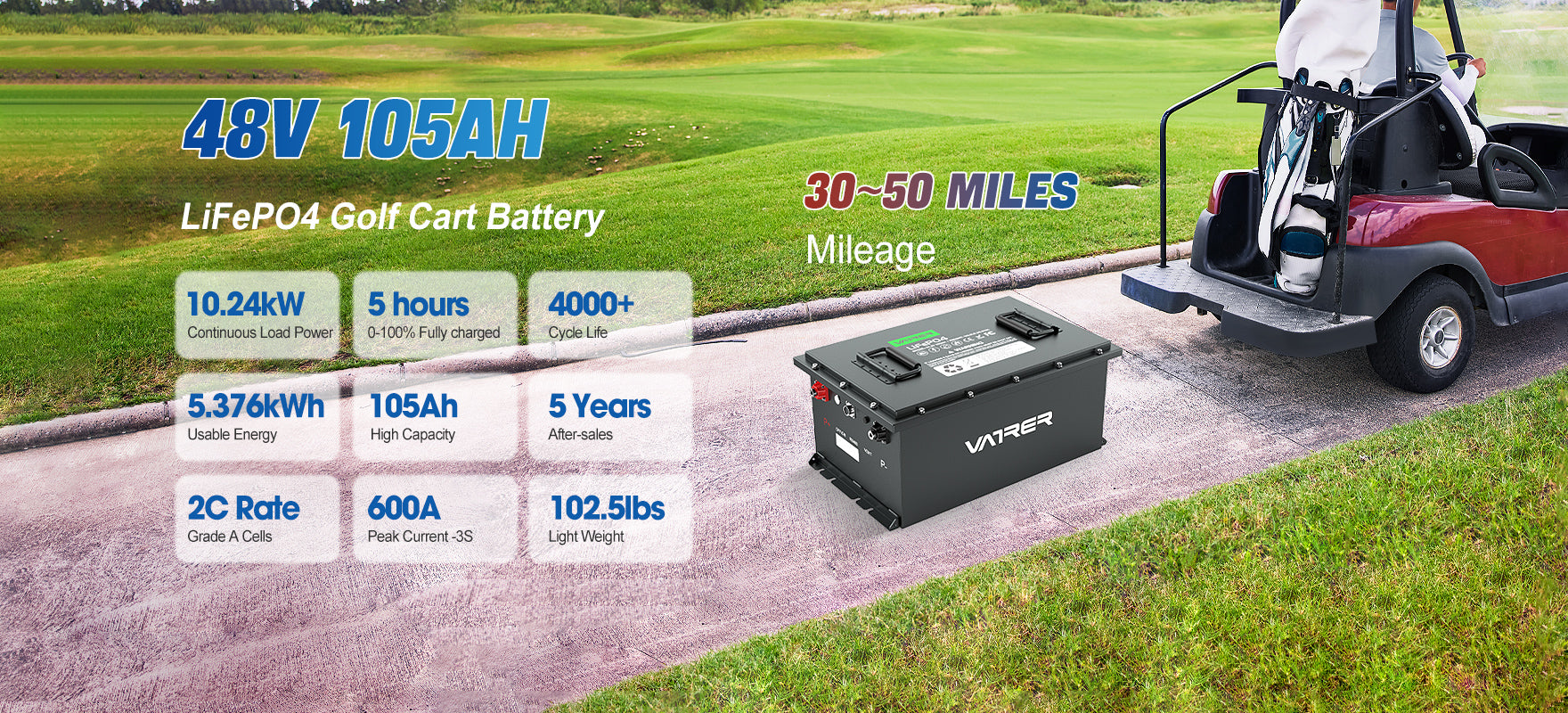 Batería de Carro de Golf Vatrer 48V 105AH LiFePO4