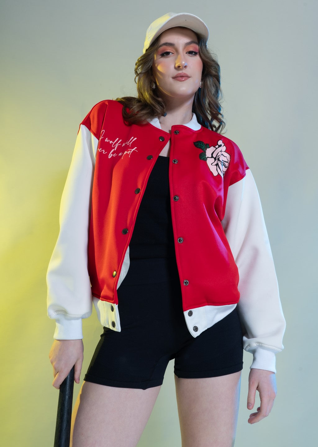 ROSY PRINTED VARSITY JACKET IN RED