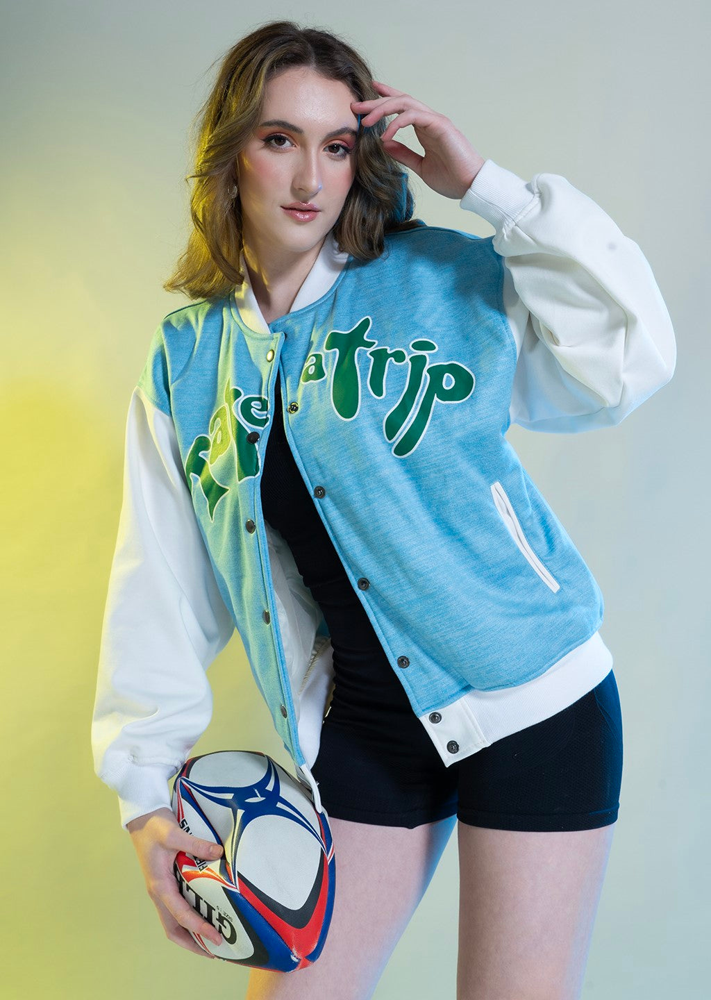 TAKE A TRIP VARSITY JACKET IN BLUE